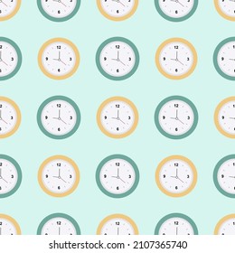 A pattern of yellow and green clocks on a light background. Vector isolated image for use in website design or as a print