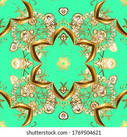 Pattern in yellow, green colors. Vector. Gorgeous seamless patchwork pattern from Moroccan, Portuguese tiles. Arabesque texture abstract vintage background, floor tiles surface ornament flower pattern