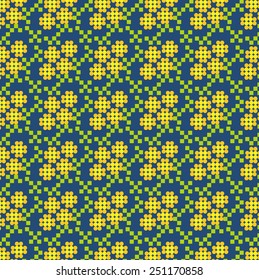 Pattern of yellow - green flowers on a blue background. Vector illustration.