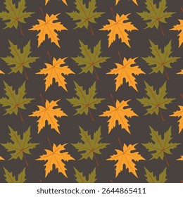Um padrão de folhas de bordo amarelo e verde em um fundo escuro. Plantas botânicas desenhadas à mão em um vetor. O padrão para a impressão é o bordo canadense.