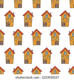 Patrón de casas amarillas. casas pintadas a mano adorables sobre un patrón para textiles, fondos, papeles pintados, papel de envoltura, telas.

