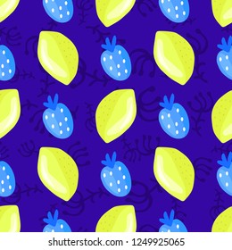 Pattern with yellow lemons and blue strawberries on dark background. For textiles, background, wrapping paper, postcards, material, fabric.
