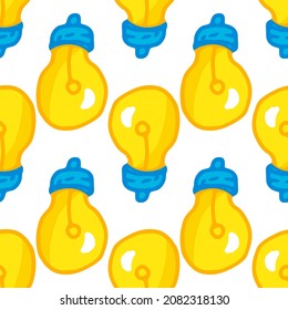 un patrón de bombilla amarilla. patrón transparente de una bombilla de luz redonda brillante de estilo caricaturizado dibujada a mano con una base azul sobre blanco para una plantilla de diseño. Símbolo de una idea y pensamiento