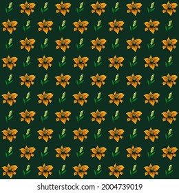 Pattern with yellow lilies and green vintage style background.
