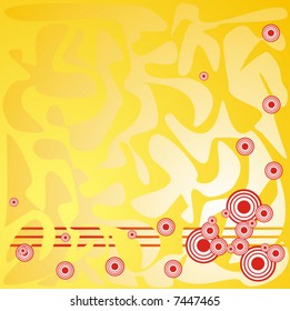 Pattern from a yellow line with curls and red circles on orange background