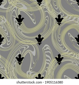 Un patrón de líneas amarillas y azulejos heráldicos sobre un fondo gris.