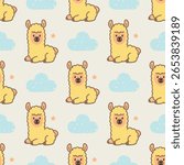 A pattern of yellow llamas sitting on a white background. The llamas are cute and cuddly, and the pattern is playful and whimsical