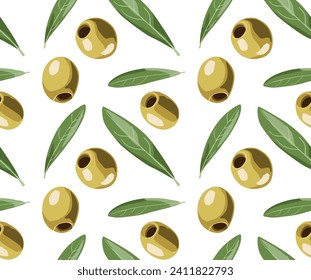 Pattern of yellow olives with leaves. Seamless pattern in vector.