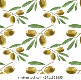 Pattern of yellow olives on a branch with leaves. Seamless pattern in vector.