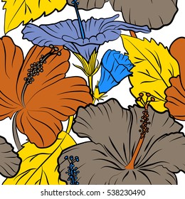 Pattern in yellow, orange and blue colors with tropic summertime motif may be used for texture, fabric or textile. Vector seamless pattern of tropical hibiscus flowers, dense jungle. Hand painted.