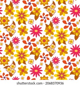 A pattern of yellow and orange flowers. 70s retro and hippie style. Vector illustration. For use in packaging, brochures, fabrics, prints.