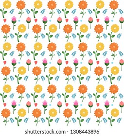   pattern of yellow, orange and pink flowers, with blue twigs and pink hearts