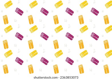 Pattern of yellow, orange, and purple gifts, on white background. 