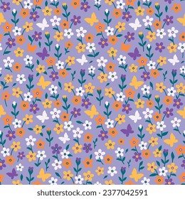 A pattern of yellow, orange, purple and white flowers and butterflies on a lilac background.