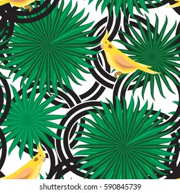 Pattern with a yellow parrot, green leaves and geometric background black and white