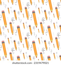 A pattern of yellow pencils scattered on a white background. Straight short yellow pencil. Return to school, the concept of teacher's day. Hand-drawn vector illustration. Square seamless pattern