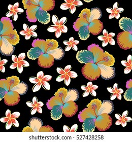 Pattern in yellow, pink and blue colors with tropic summertime motif may be used as wrapping paper, textile design. Vector seamless pattern of tropical hibiscus flowers, dense jungle. Hand painted.