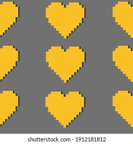 patrón, corazones de píxeles amarillos en fondo gris