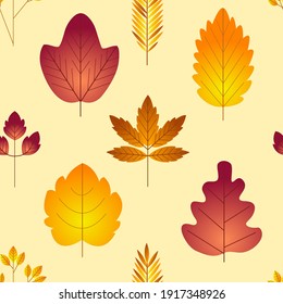 Pattern with yellow and red autumn leaves on a light background. Simple vector illustration in color.