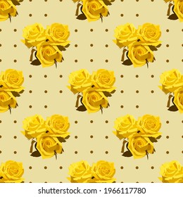 Pattern with yellow roses on the background with polka dots. Retro-country motifs.