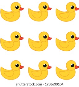 Pattern of yellow rubber ducks on a white background. Illustration can be used for decoration of gift bags postcards background posters banners. Vector illustration.