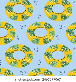 Pattern of yellow rubber pool rings. Swim rings in flat style on white background. Swimming in pool with rubber circles, summertime water activities. Rubber toy for water and beach. 