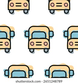 Pattern with a yellow school bus icon, combining line art style and abstract color spots, for school print, textile or other various designs