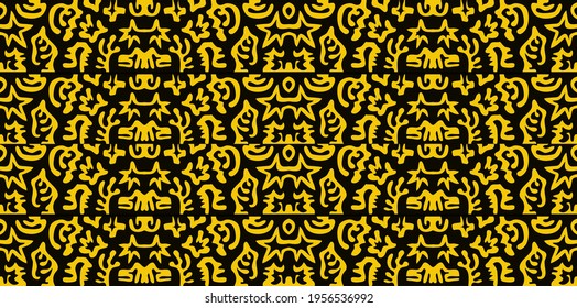 A pattern of yellow shapes and fractals on a black background. Apply as a texture or illustration.