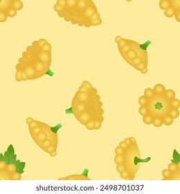 A pattern of yellow squash with a leaf from different angles on a light yellow background. Vector illustration