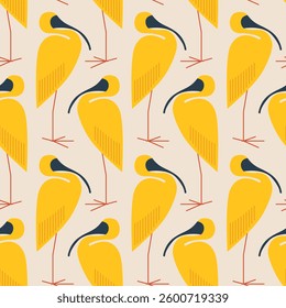 Pattern with yellow storks. Vector avant-garde pattern with birds.