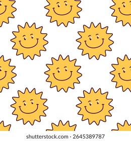 Pattern of yellow sun faces with wide smiles and jagged rays, cheerful design in seamless repeating style