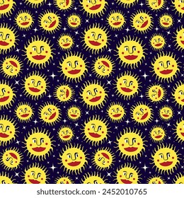 A pattern of yellow suns with red lips and eyes. The suns are smiling and the pattern is in a purple background