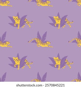 Pattern with yellow tigers in different poses on a lilac background with lilac plants