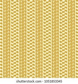 Pattern in yellow tones, consisting of vertical strips with alternative decorative content. Folk motif. Tile. Vector illustration.