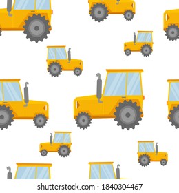 Pattern of yellow tractors of different sizes. Seamless pattern for baby textiles, wrapping paper, cards, invitations