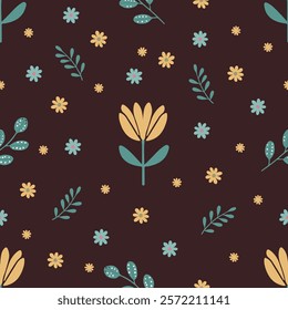 pattern with yellow tulips,  daisies  and green twigs