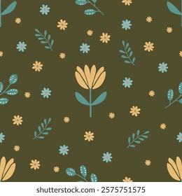 pattern with yellow tulips,  daisies  and green twigs