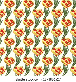 Pattern of yellow tulips with red flecks