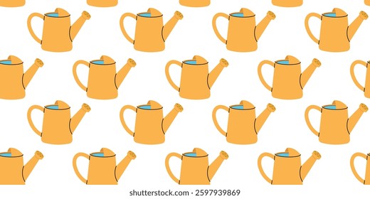 Pattern of yellow watering cans with blue water on a white background