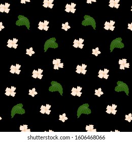 Pattern - yellow wildflowers, green leaf - dark background - vector. Fashionable fabric. Floral wallpaper.