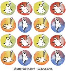 Pattern with yoga cats and watercolor background. Animalistic vector background. Multicolor. Can be used for wallpapers, pattern fills, textile, surface textures