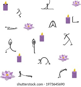 Pattern with yoga illustration, candles and lotus
