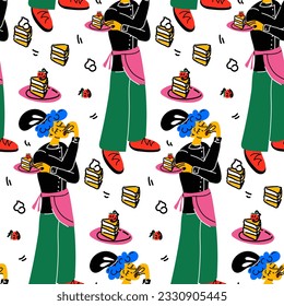 A pattern with a young abstract Italian chef admiring a cake. Modern bright style. The character stands for the juicy design of the menu of a pastry shop, cafe, restaurant. Packaging