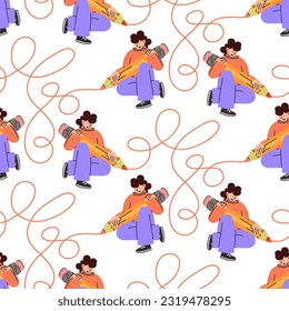 A pattern with a young girl and a big pencil draws loops and connects everything. A happy young student, a schoolgirl writes, draws. The concept of education. Knowledge Day, September. Back to school