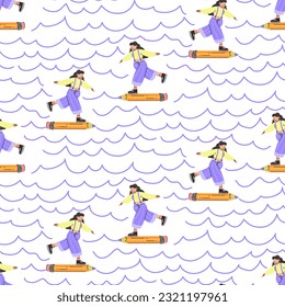 A pattern with a young girl and a large pencil floats on the painted waves. A happy young student, a schoolgirl writes, draws. The concept of education. Knowledge Day, September. Back to school