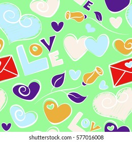 Pattern for your wedding invitations, save the date cards, scrapbook and etc. Vector seamless doodle pattern with hearts, flower, love letter and text on the green backdrop.