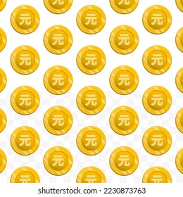 Pattern of Yuan Renminbi coins on transparent background with mini doodle (icons) and gold color. Vector Illustration