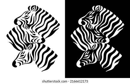 Muster mit Zebrakopf. Tapete-Tierdruckfelle und Zebra-Silhouette auf weißem und schwarzem Hintergrund. Afrikanisch, Drucktier. Vektorgrafik. Kann für den T-Shirt-Druck verwendet werden.