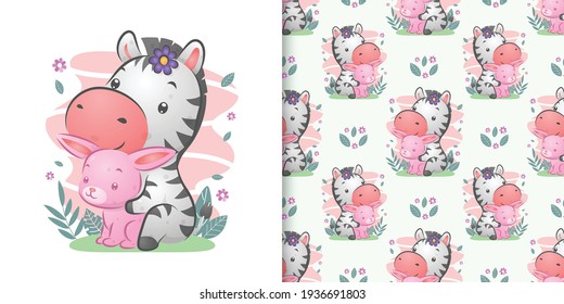 The pattern of the zebra and the rabbit in the garden full of the coloured grass of illustration