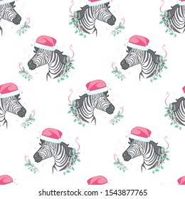 Pattern zebra in Santa Claus hat ,vector new year illustration
